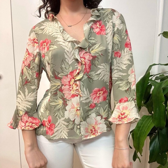 Jones New York Luxury Silk Floral Ruffle Blouse Size Medium - Picture 4 of 8